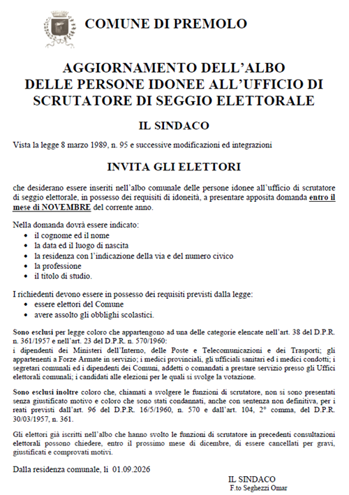 Albo delle persone idonee all'ufficio di scrutatore di seggio elettorale